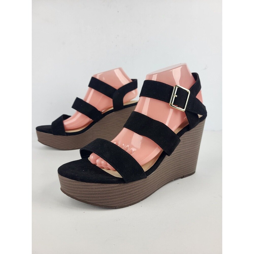 BC Born In California Peonies Wedged Sandals Black Basket Weave Vegan Size 10